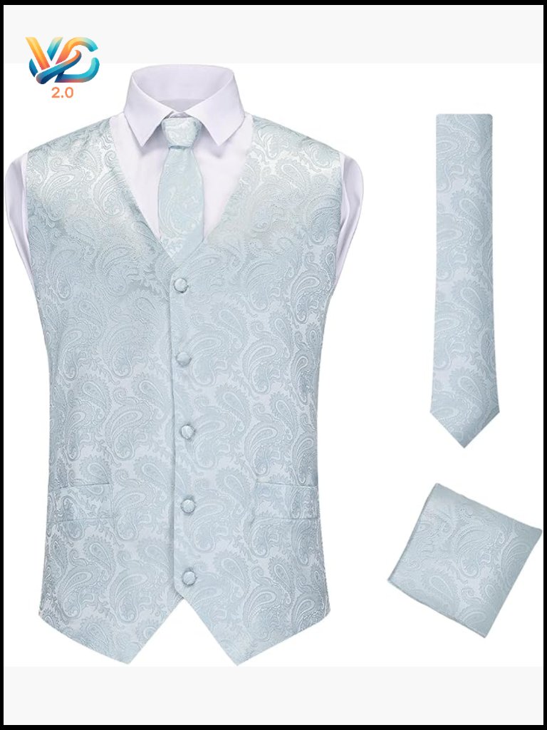 Men's Formal Vest Slim Fit Polyester V-Neck Adjustable Back Paisley